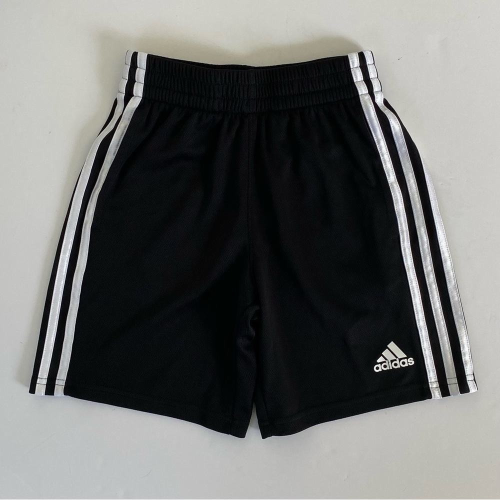 Adidas Shorts Size 8 Small Black W/ White Trim Boys Girls Soccer Sports Athletic